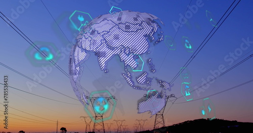 Image of multiple digital icons over spinning globe against network towers and sunset sky
