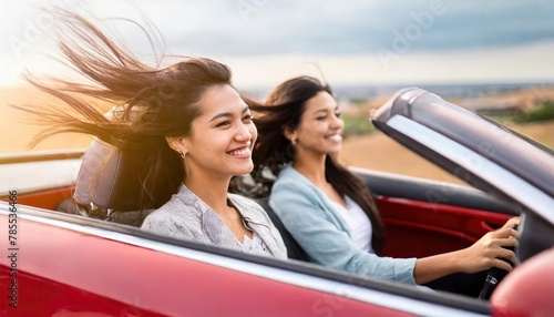 Two women enjoying a car ride in red convertible convert with their hands up and wind in the hair, fun drive with friend © Marko