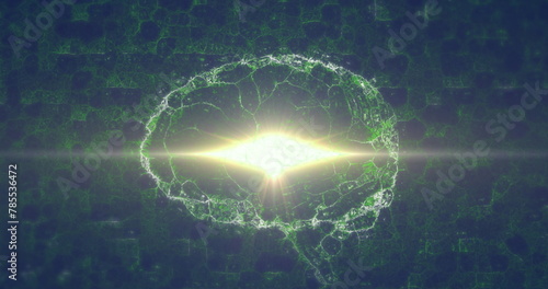 Image of light trails over digital brain and shapes on black background