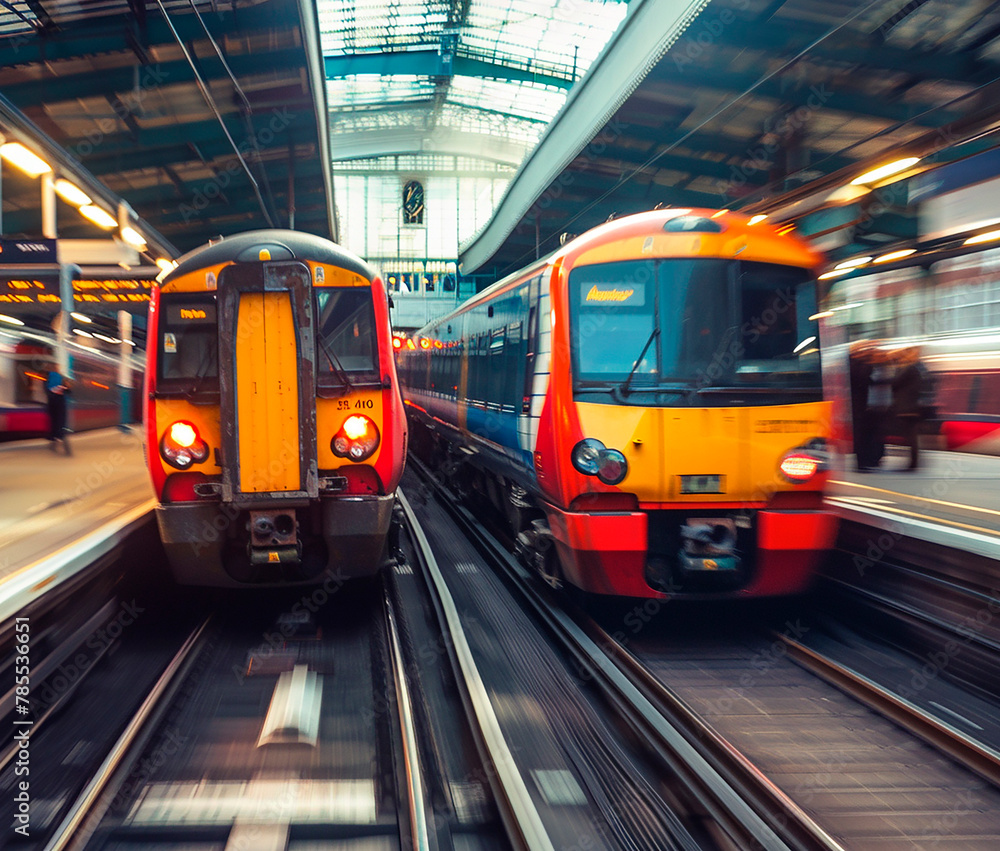 Fototapeta premium Two trains just arriving at the station in motion blur