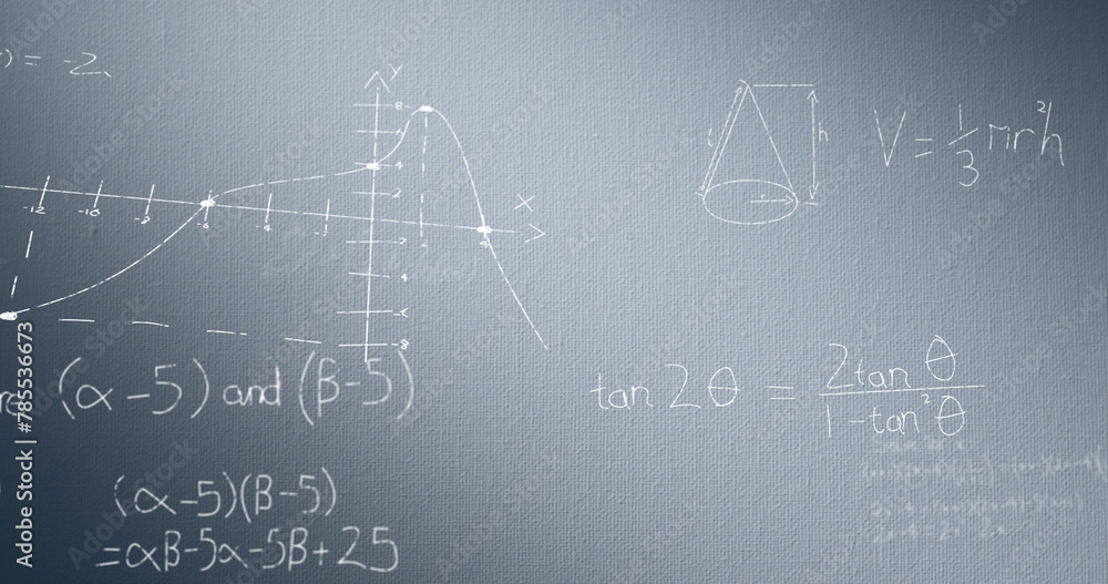 Image of mathematical equations and diagrams against blue background Image of mathematical equations and diagrams against blue background