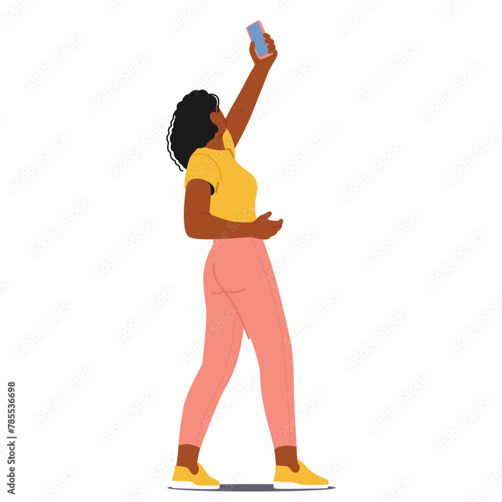 Female Character Photographing on Mobile, Rear View. Woman Holding Smartphone, Gazes Upward While Capturing A Photo Female Character Photographing on Mobile, Rear View. Woman Holding Smartphone, Gazes Upward While Capturing A Photo