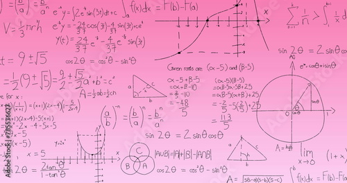 Image of mathematical equations and diagrams floating against pink gradient background