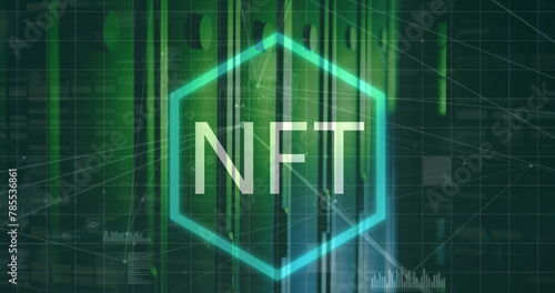 Image of nft text in hexagon over connected dots with graph and soundwaves icons on server room