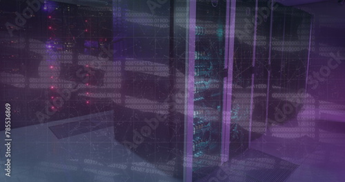 Image of blockchains over illuminated server rack in server room