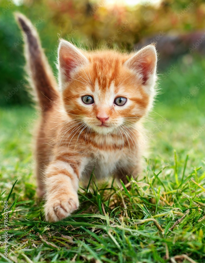 Ginger kitten playing in the grass