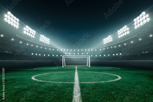 Green soccer field illuminated by bright spotlights  creating vibrant and energetic atmosphere