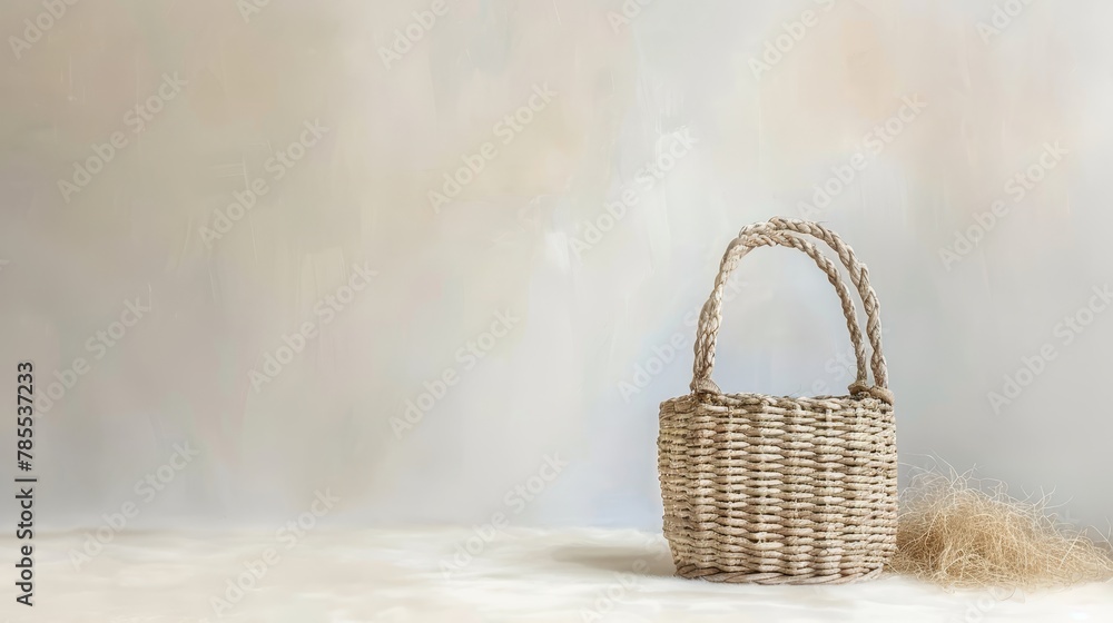   A white wicker basket atop a white furniture piece with a covered floor, adjacent to a white wall