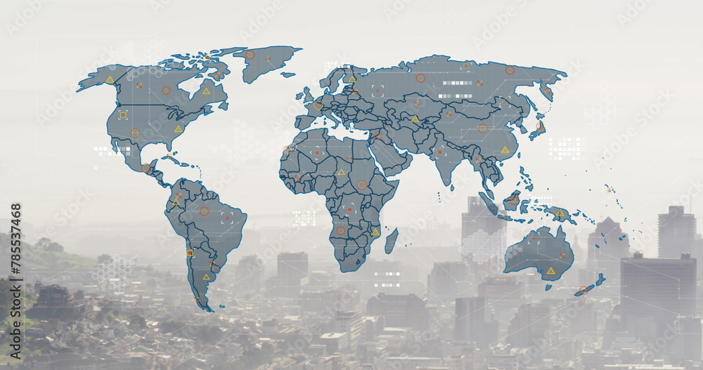 Fototapeta premium Image of world map and financial data processing over cityscape