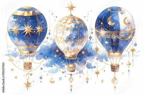 A whimsical watercolor illustration of three beautiful hot air balloons floating gracefully in the sky, adorned with intricate patterns and delicate clouds. 