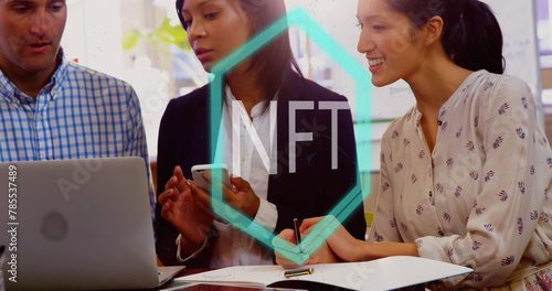 Image of nft text and connections over diverse business people in office