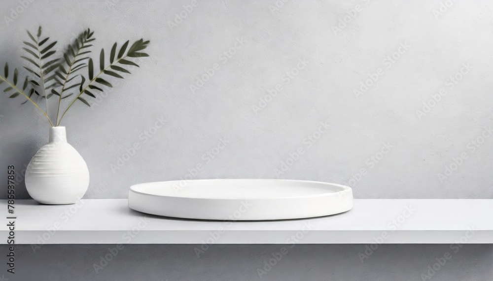 Universal minimalistic background for product presentation. White empty shelf on a light gray wall Universal minimalistic background for product presentation. White empty shelf on a light gray wall
