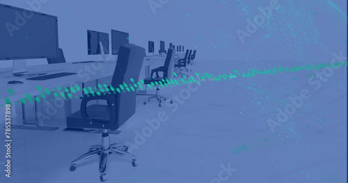 Image of graphs with changing numbers over unoccupied chairs and desktops in office