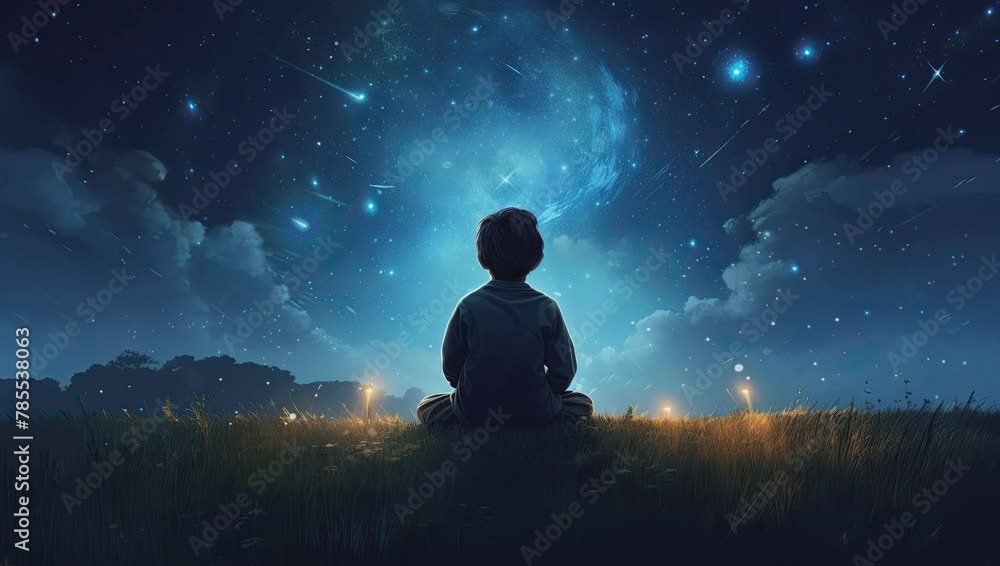 Young boy and girl amidst glowing planets and stars, symbolizing dreams and hope. Young boy and girl amidst glowing planets and stars, symbolizing dreams and hope.