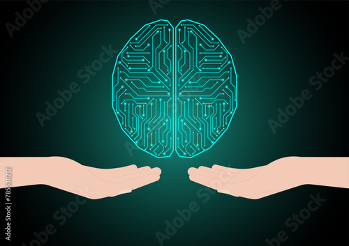 Brain. Artificial intelligence. Hand Holding Human Brain. Brainstorm, Creativity and Thinking Idea Concept. Artificial intelligence.  Vector Illustration. 