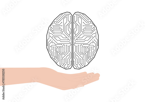 Brain. Artificial intelligence. Hand Holding Human Brain. Brainstorm, Creativity and Thinking Idea Concept. Artificial intelligence.  Vector Illustration. 