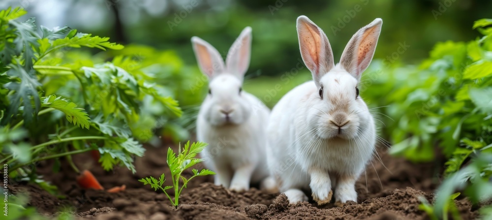 Fluffy white rabbits delighting in fresh carrots amidst a vibrant garden setting Fluffy white rabbits delighting in fresh carrots amidst a vibrant garden setting