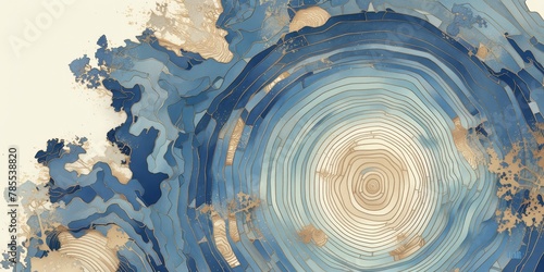 Abstract Art, large scale paper cut art of tree rings in the style of blue and brown gradient