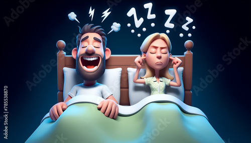 Humorous 3D Caricature: Couple in Bed, One Snoring Loudly, Funny Couple in Bed - 3D Caricature with Loud Snoring, 3D Cartoon of Couple in Bed: Snoring Frustration