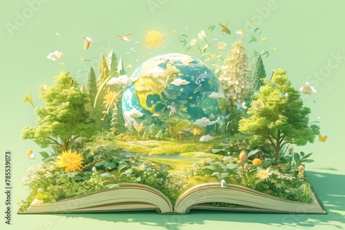 An open book with the Earth and plants inside, on a light green background