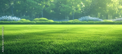 Beautiful lush green lawn in the backyard of an American home, focusing on the grass texture