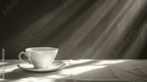  A monochrome image of a coffee cup and saucer on a white tablecloth