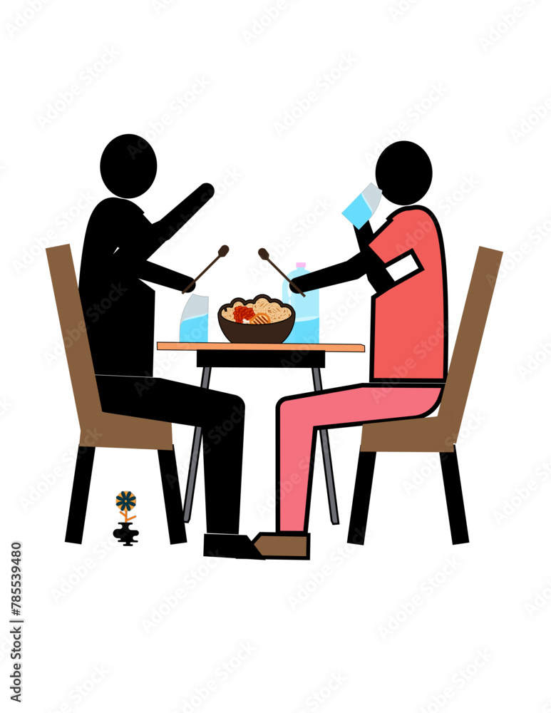 Two people are sitting at a table with a bowl of food in front of them