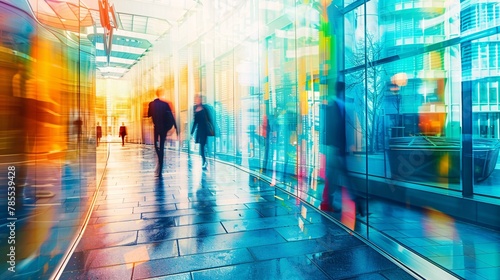 Vibrant scene of a corporate corridor with blurred motion, illustrating the dynamic movement of individuals