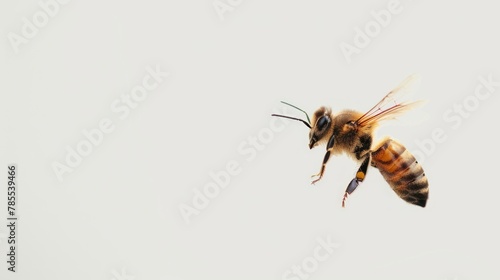 A bee flying in the air with a white background. photo