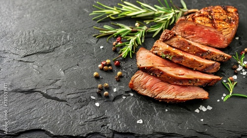  A slice of meat sits atop a cutting board, accompanied by a sprig of rosemary and a pepper grinder