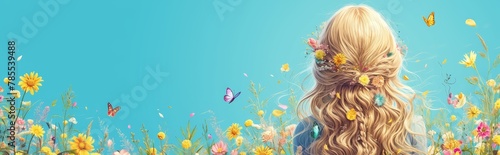 Beautiful woman with colorful flowers in her hair, flying petals and butterflies on a blue background, banner for a beauty salon or makeup store