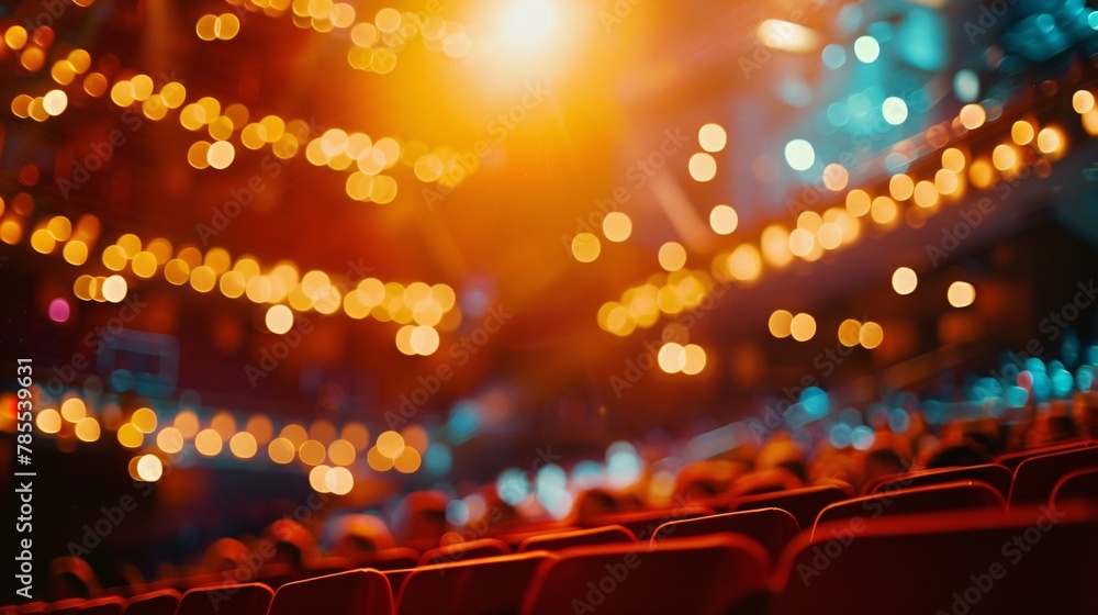 Soft-focused view revealing the energy of a concert hall with blurred stage, vibrant lighting, and anticipation Soft-focused view revealing the energy of a concert hall with blurred stage, vibrant lighting, and anticipation