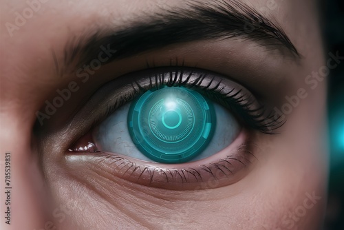 Image Close up view of human eye with cybernetic pupil, portraying futuristic technology concept