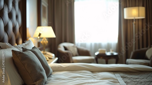 Soft-focused image portraying the luxury of a high-end hotel room with elegant furnishings and cozy ambiance 01