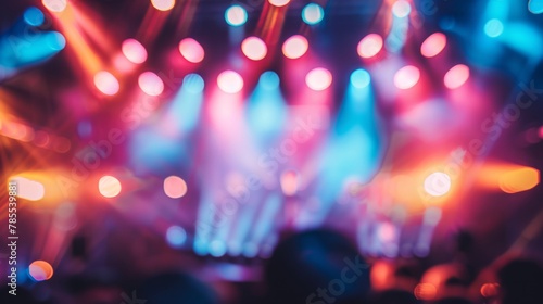 Soft-focused image portraying the energy of a concert venue with blurred stage, colorful lighting, and lively atmosphere 02