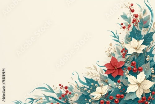 background with red  white and green poinsettia flowers and leaves on the right side of an empty teal space for text. 