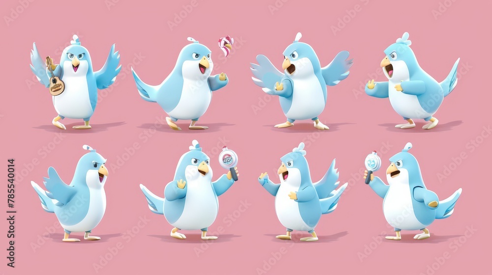A colorful collection of cute fun cartoon pigeons with different poses and expressions. Modern set of blue doves standing and kissing each other, angry and sick with thermometers in their beaks, and