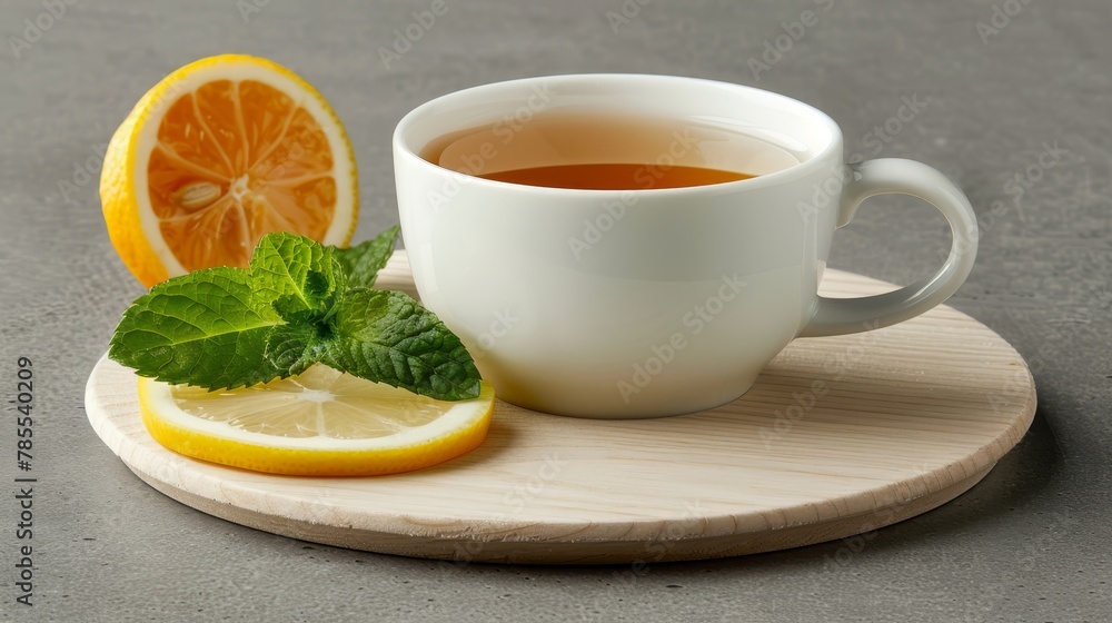 A wood table holds a steaming cup of tea, accompanied by slices of lemon and orange Gray surface underneath A wood table holds a steaming cup of tea, accompanied by slices of lemon and orange Gray surface underneath