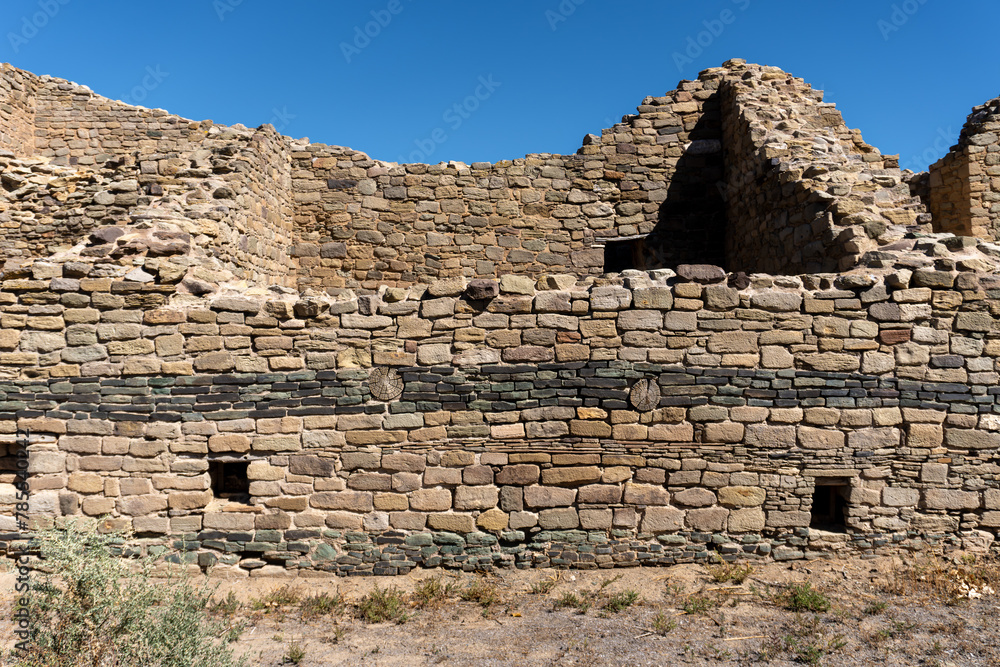 Aztec Ruins National Monument in New Mexico. Best preserved Chacoan structures including Aztec West great house built by ancestral Pueblo people. Band of green sandstones maybe decoration.