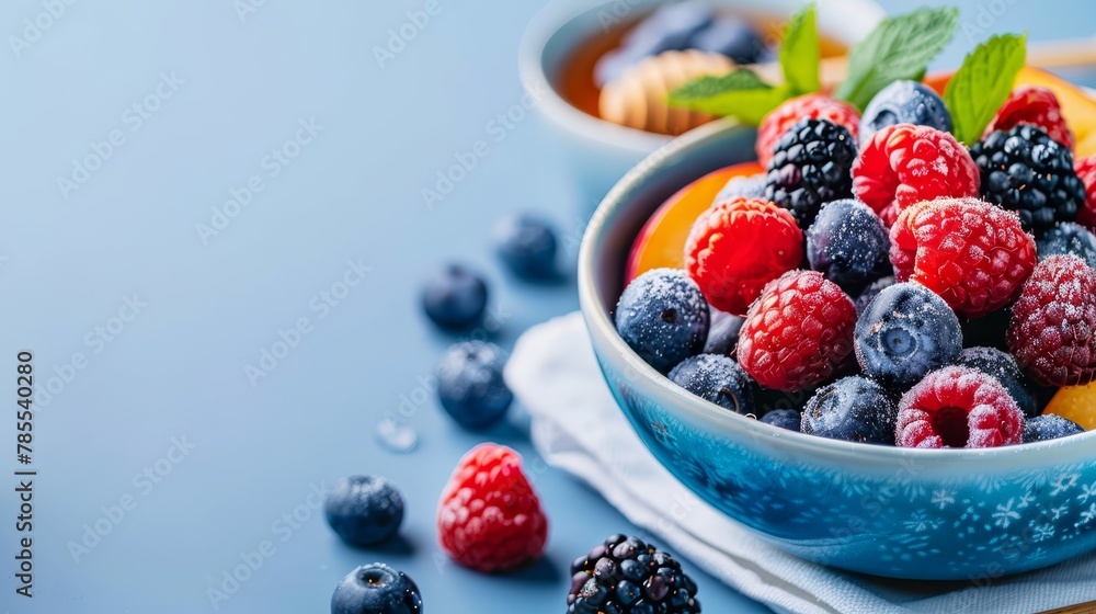 A blue bowl filled with raspberries, oranges, and blueberries against a matching background, garnished with mint leaves A blue bowl filled with raspberries, oranges, and blueberries against a matching background, garnished with mint leaves