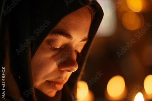 Intimate view of a nun's face, her eyes closed in prayer, framed by the soft glow of candlelight in the convent chapel 05 photo
