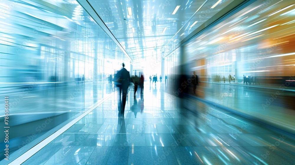 Energetic scene of a corporate hallway with blurred motion, portraying the dynamic movement of individuals 01