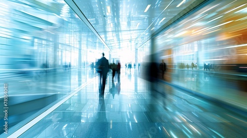 Energetic scene of a corporate hallway with blurred motion, portraying the dynamic movement of individuals 01