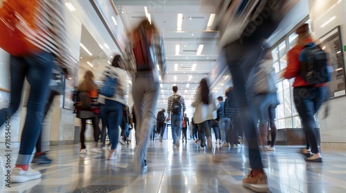 Dynamic movement of students in a university hallway with a blurred motion effect, illustrating the vibrant energy of campus life