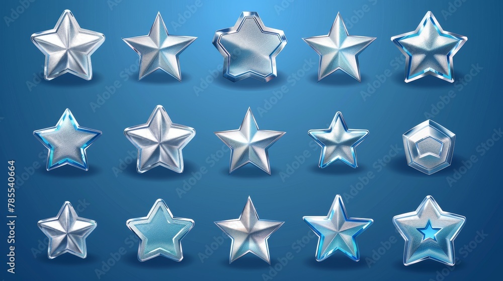An illustration of sparkling gray icons, symbols of score points, ranking progress rewards, military buttons, and GUI design elements with silver stars against a blue background. An illustration of sparkling gray icons, symbols of score points, ranking progress rewards, military buttons, and GUI design elements with silver stars against a blue background.