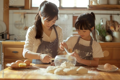 Asian mom and daughter cooking together. Generative AI