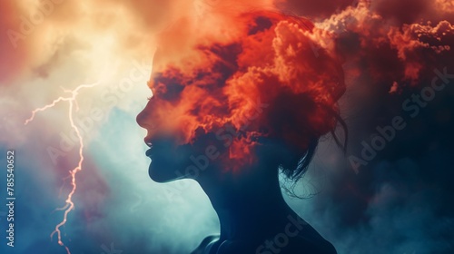 Silhouette of a young woman in a colorful and stormy sky