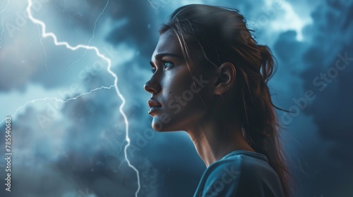 Profile portrait of a woman against a neutral backdrop with a cloud hovering overhead and lightning flashing, suggesting a mood of power and suspense 02 photo