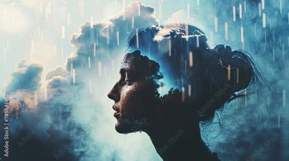 Profile portrait of a person with a raincloud above them against a simple backdrop, rain falling gently, conveying a sense of introspection and tranquility 01 - obrazy, fototapety, plakaty 