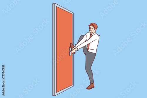 Persistent businessman is trying to open locked door, without giving up and striving to achieve goal. Persistent guy manager lost keys to own office, for concept of restrictions on career ladder